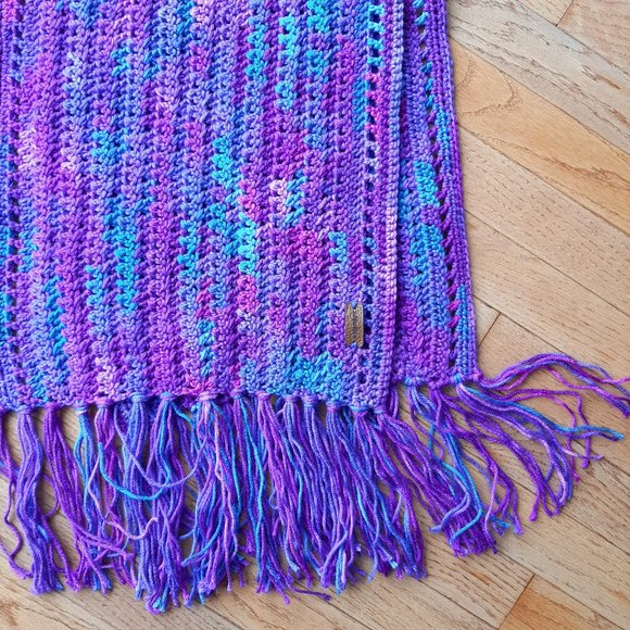 Crochet Purple Teal Shawl Fringe Shoulder Warmer Fireside blanket Patio Wrap - Picture 3 of 3